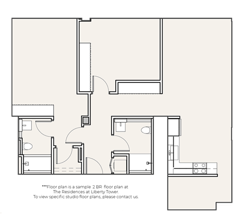 A floor plan of a 2 bedroom apartment at The Residences at Liberty Tower.